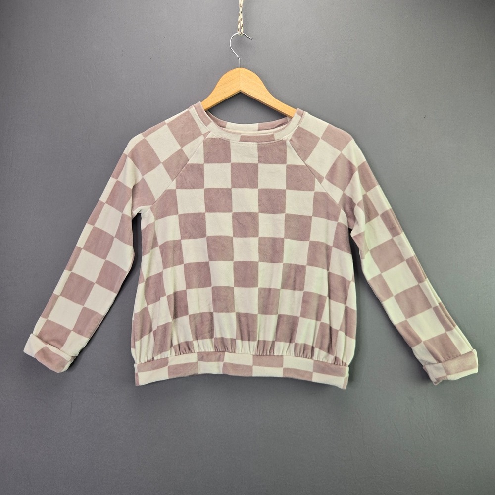 Unbranded Checkered Plush Fleece Sweatshirt Mauve Cream Raglan Pullover S/M